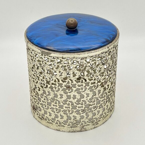 Vintage Hollywood Regency Filigree Tissue Cover Blue Lucite Top Mid Century Glam - Picture 2 of 8
